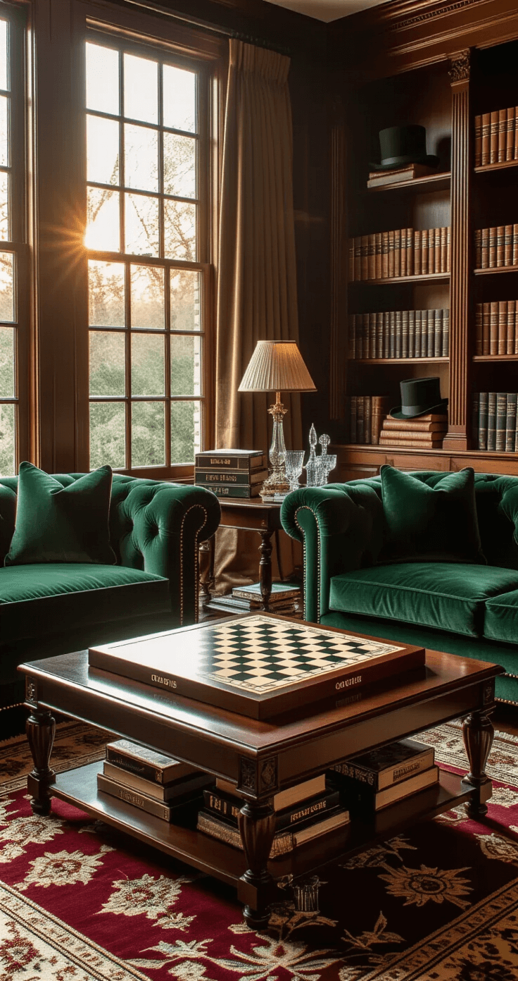 A warm-toned living room during golden hour, featuring a mahogany coffee table with a Monopoly board, deep emerald velvet sofas, an ornate Persian rug, game boxes on walnut bookshelves, vintage top hats and monocles on side tables, and rich leather-bound books alongside crystal decanters, all captured at coffee table height with dramatic shadows.