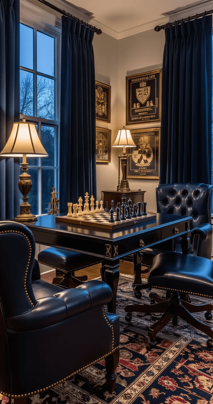 An elegant study bathed in soft lamplight features a sleek black lacquer desk with an ornate medieval chess set as the focal point, surrounded by deep navy leather armchairs, charcoal curtains, vintage chess tournament posters, antique brass telescopes, and rich jewel-toned tapestries, captured with dramatic chiaroscuro lighting.