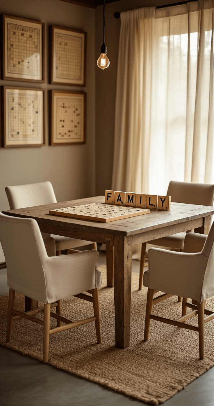 A cozy game room bathed in warm afternoon light, featuring a distressed oak table with oversized wooden Scrabble tiles spelling 'FAMILY,' surrounded by beige linen chairs. The space includes jute rugs on polished concrete floors, gallery walls with framed vintage Scrabble boards, and ambient Edison bulb string lights. The image is shot from a low angle, highlighting the dimensional letter tiles in a literary atmosphere.