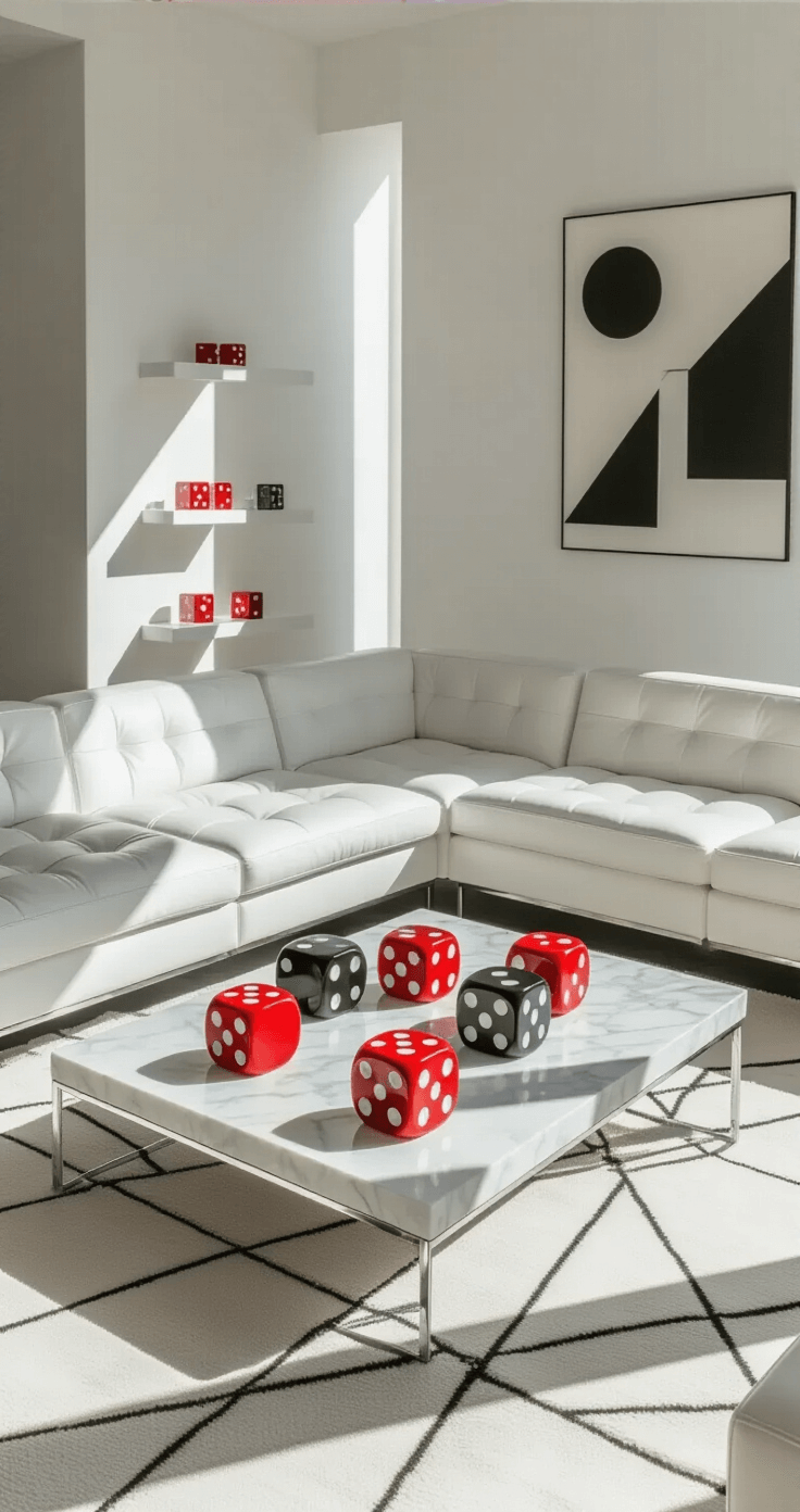 A bright midday view of a modern living space featuring a white marble coffee table with aligned red and black dice sculptures, contemporary white leather sectionals with chrome legs, geometric patterned rugs, floating shelves with dice collections, and abstract mathematical artwork on white walls, captured from a bird's-eye perspective with sharp shadows emphasizing geometric forms.