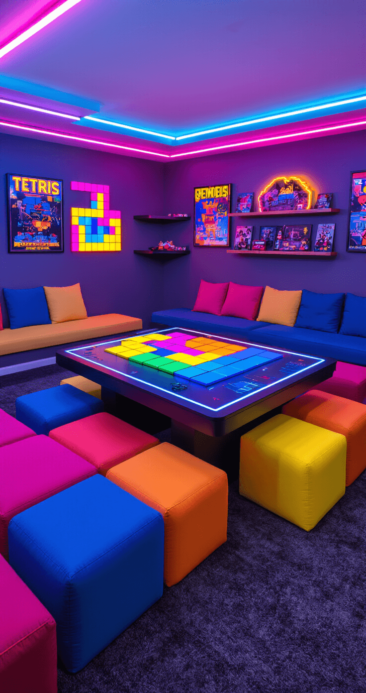 A vibrant basement recreation room with colorful LED strip lighting, featuring a custom gaming table with Tetris block-shaped ottomans, modular foam seating in neon hues, and retro arcade posters, all set against dark charcoal carpeting.
