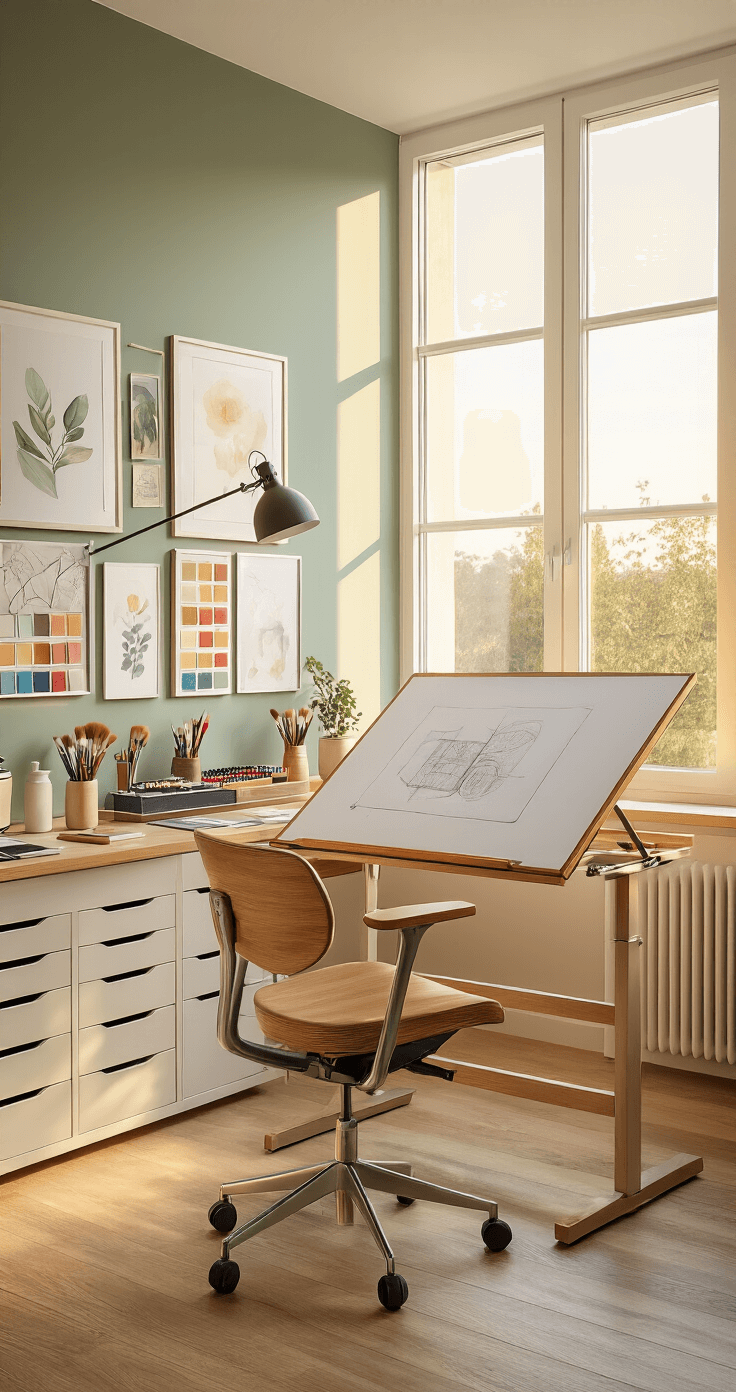 A modern home studio bathed in golden-hour light, featuring a professional drafting table by large windows, ergonomic wooden chair, organized art supplies, and mood boards on soft cream walls.
