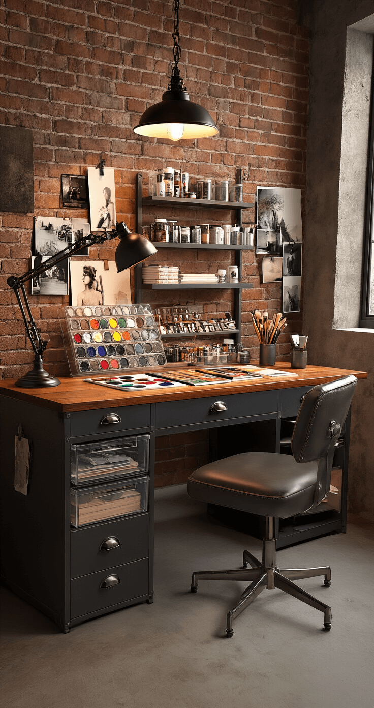 Intimate mixed-media artist workspace featuring a compact adjustable art desk with built-in storage, exposed brick wall, warm pendant lighting, and a rich walnut surface. Organized with clear acrylic containers for art supplies, a vintage lamp casting shadows, reference photos pinned around, and a distressed leather rolling chair on a textured concrete floor.
