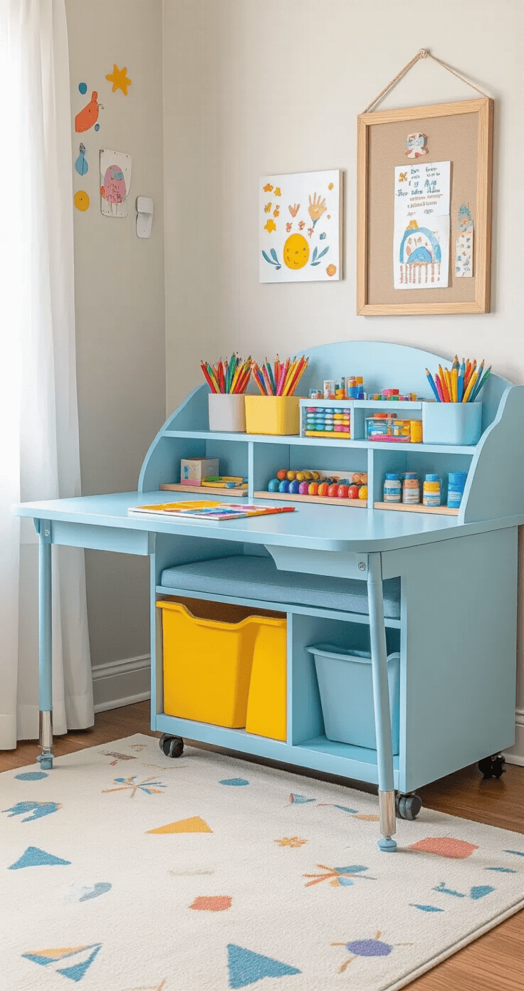 A cozy children's art corner with a pastel blue adjustable desk, colorful storage cubbies filled with art supplies, whimsical wall decals, soft natural light, and a plush area rug, designed for young artists aged 6-10.