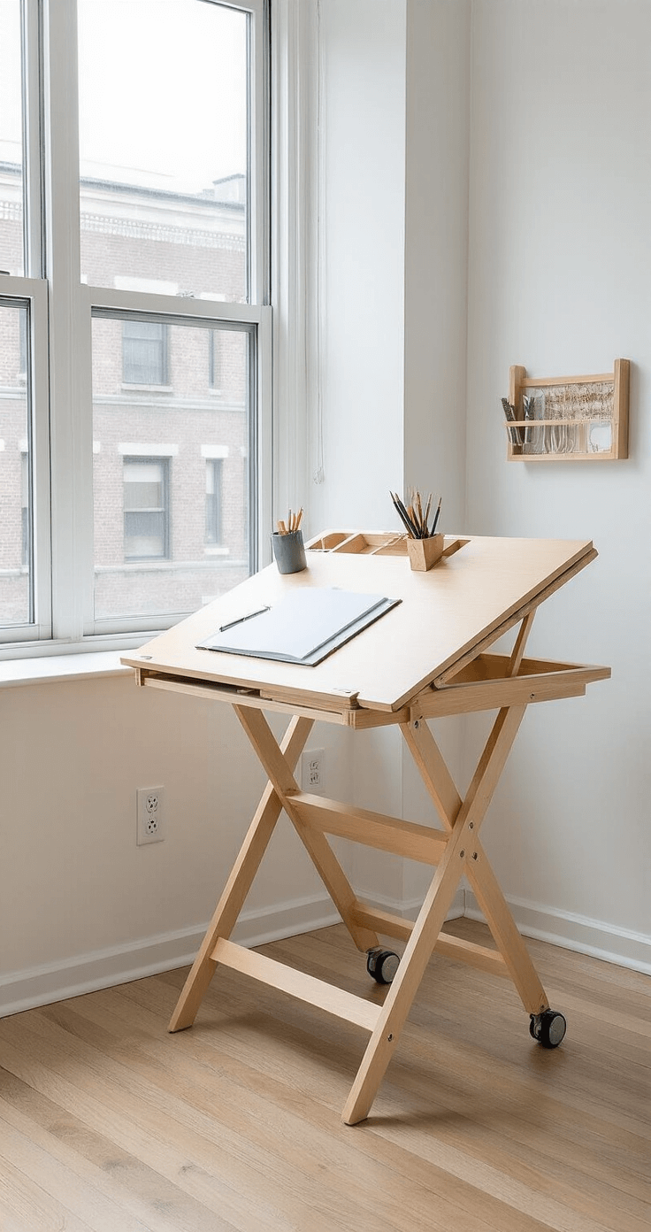 A compact wooden drafting table with integrated storage and wheels, positioned by a large window in a minimalist white studio apartment, showcasing a light maple surface, subtle textures, and hanging wall organizers for supplies, bathed in soft natural light.