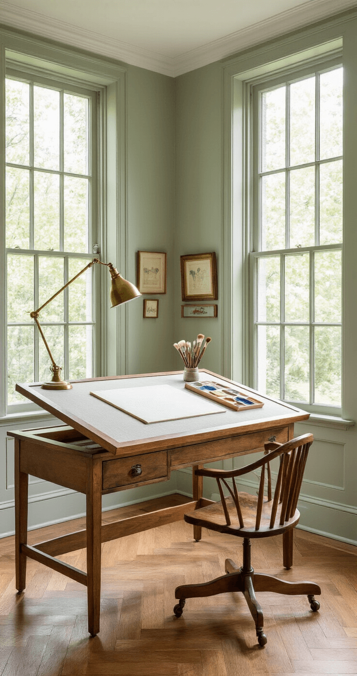 An elegant watercolor artist's workspace with a custom flat surface desk, moisture-resistant materials, and gentle linen texture, surrounded by museum-quality lighting and sophisticated storage. Features herringbone hardwood floors, sage green walls, vintage brass lamp, and large windows for diffused natural light, showcasing antique watercolor brushes and supplies.