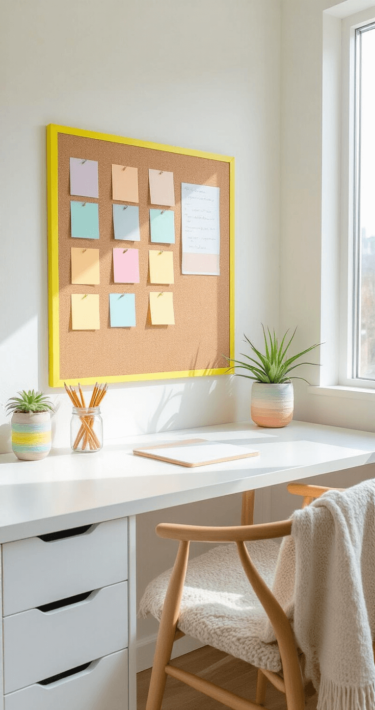 A minimalist workspace with white surfaces, a sunlight-drenched corner featuring a yellow washi tape-bordered cork board, pastel task cards, a yarn-wrapped mason jar pencil holder, and a small air plant in a ceramic pot, alongside a Scandinavian chair and a soft linen throw under large windows.