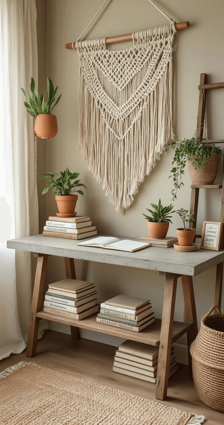 Bohemian-inspired desk setup featuring a macramé wall hanging, vintage ladder shelf with books and potted plants, concrete bookends, hand-painted sign, and reclaimed wood desk organizer, all in soft terracotta and sage hues, with morning light filtering through sheer curtains.
