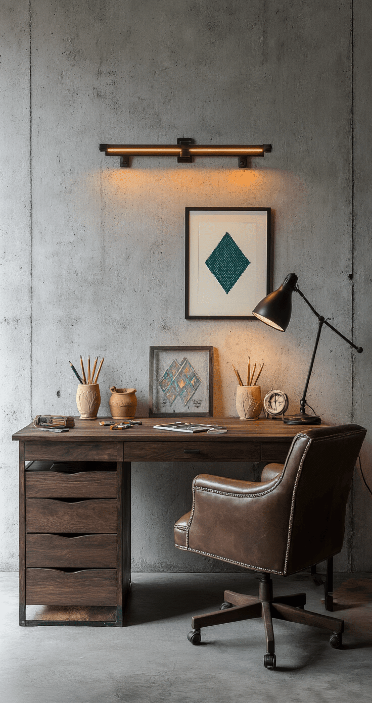 An industrial-chic home office with concrete walls, a dark walnut desk with integrated storage, custom LED lighting, clay pencil holders with leaf textures, diamond painting artwork, and a deep teal desk sign. A vintage leather chair and scattered creative tools enhance the active workspace ambiance, with dramatic side lighting highlighting the textures.