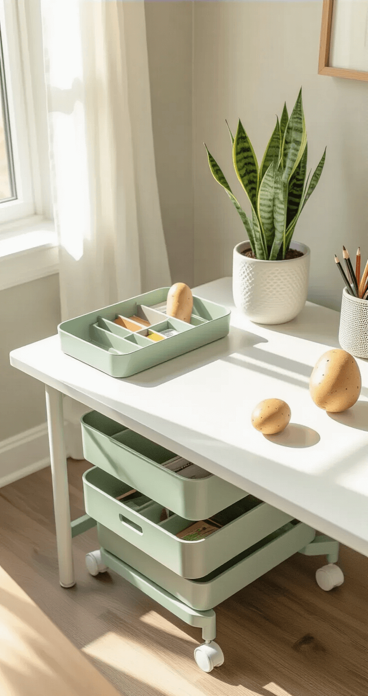 A clean and organized teacher's desk in a sunlit classroom corner, featuring a white desktop, a sage green rolling cart, a desktop organizer with labeled compartments, a snake plant in a white pot, and a potato-shaped stress ball, all captured in a professional-grade photo with a neutral color palette.