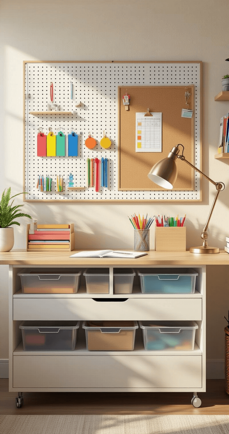 A dynamic classroom workspace with a mounted pegboard displaying colorful teaching tools, wide-angle view of wall-mounted organization systems, floating shelves, a cork board with color-coded unit plans, and sideways magazine holders, all illuminated by warm natural light and a metallic desk lamp, featuring a modern three-drawer organizer on the desktop.