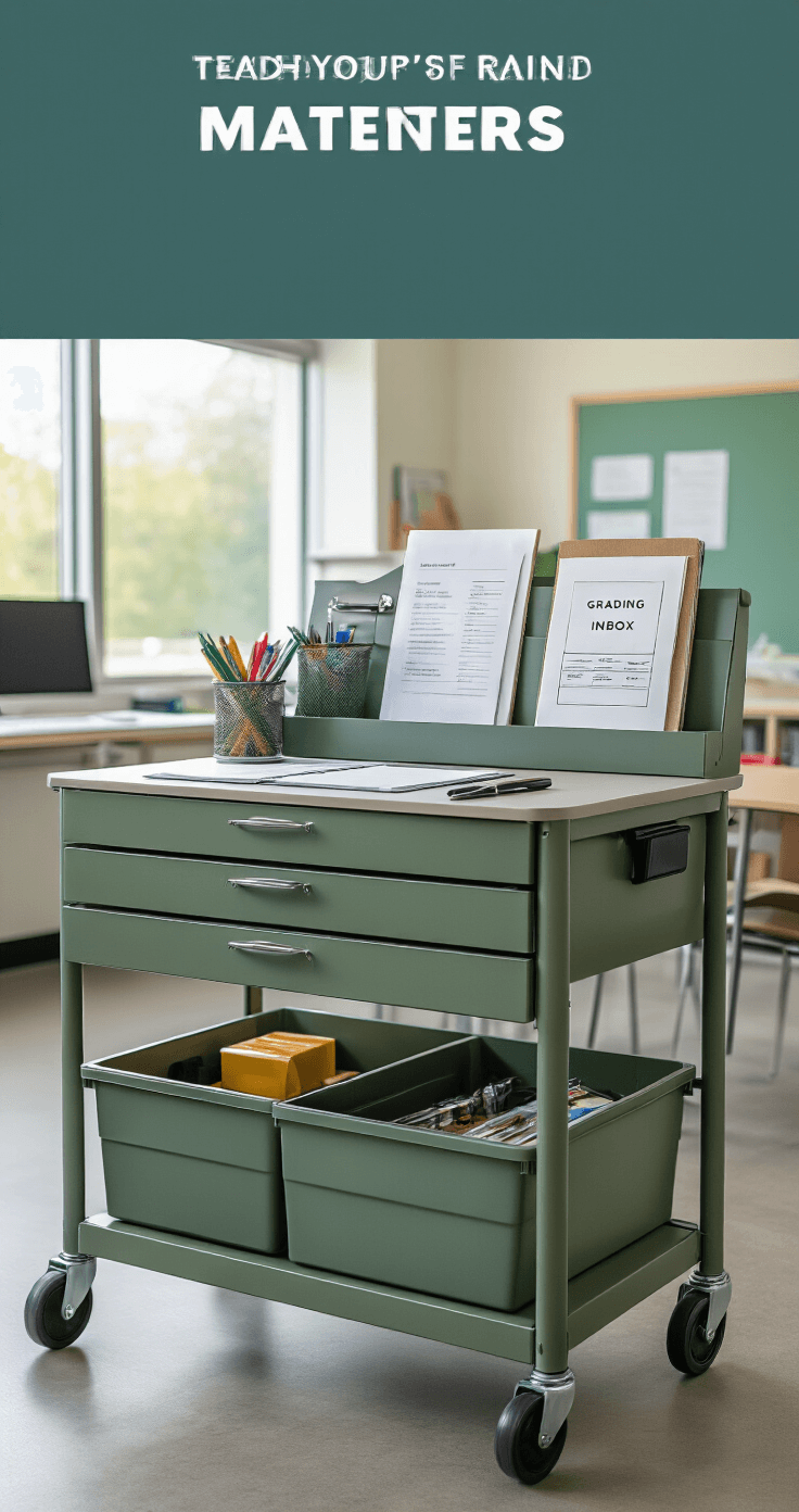 Cinematographic view of a sleek three-tier rolling cart in a modern classroom, featuring teaching materials, a grading inbox with pens, and emergency supplies, highlighted by soft diffused lighting and a sage green finish, showcasing organized compartments and strategic design.