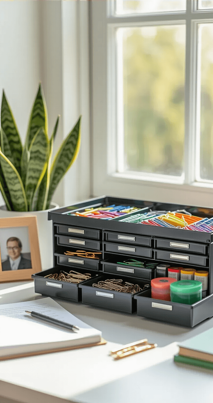 Intimate macro photograph of a professional teacher toolbox with labeled drawers on a clean white surface, showcasing organized supplies like paperclips and binder clips. Soft natural light illuminates the scene, casting gentle shadows, with a small framed photograph and a snake plant adding personal touches.