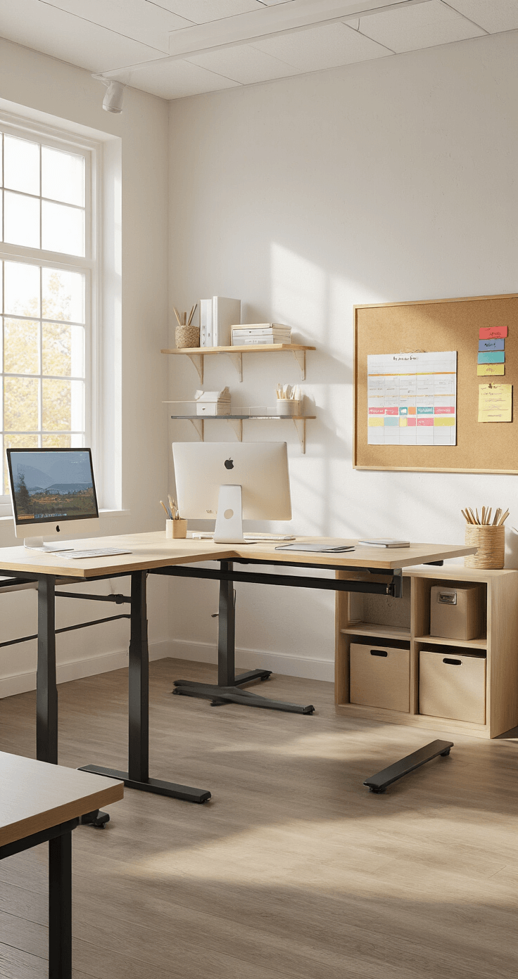 A bright, wide-angle view of a strategically designed classroom featuring a teacher's standing desk in the front corner, with a wall-mounted pegboard, floating shelves, and a cork board displaying color-coded schedules, all beautifully illuminated by soft morning light.