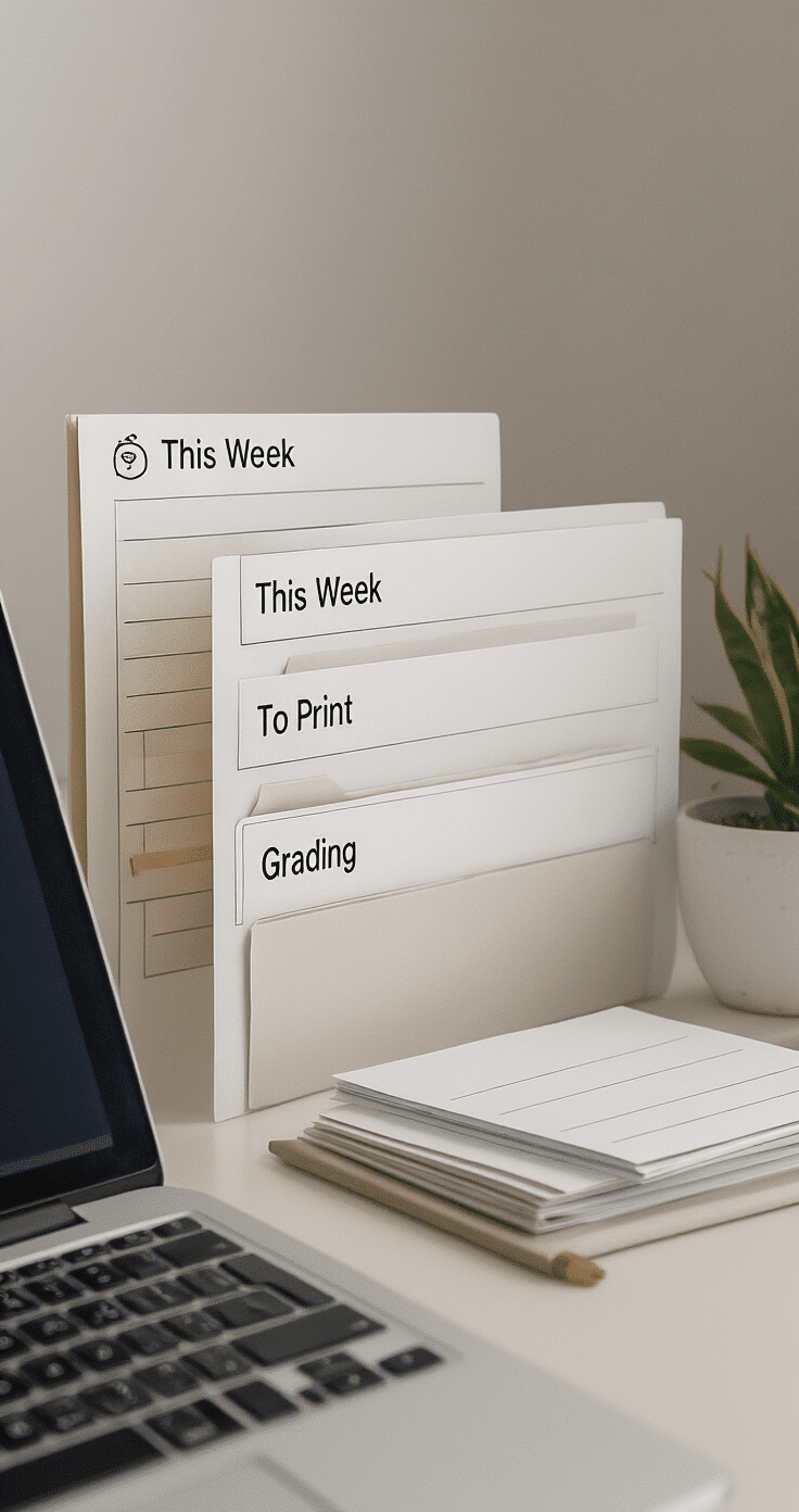 A close-up view of a computer screen displaying a neatly organized folder system with three main folders labeled 'This Week', 'To Print', and 'Grading', set against a minimalist background with soft ambient lighting and muted neutral tones.