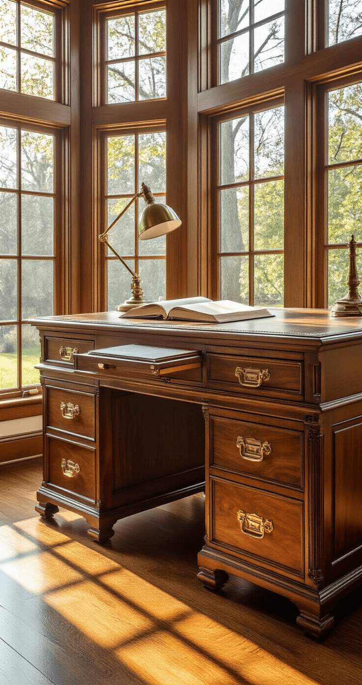 A richly detailed walnut executive desk with brass-handled dovetail drawers, positioned near floor-to-ceiling windows that let in golden morning light. The polished surface showcases intricate wood grain, complemented by a vintage leather desk pad, an open notebook, and an antique brass lamp. Hardwood floors reflect shadows, enhancing the warm mahogany tones in a low-angle shot that emphasizes craftsmanship.