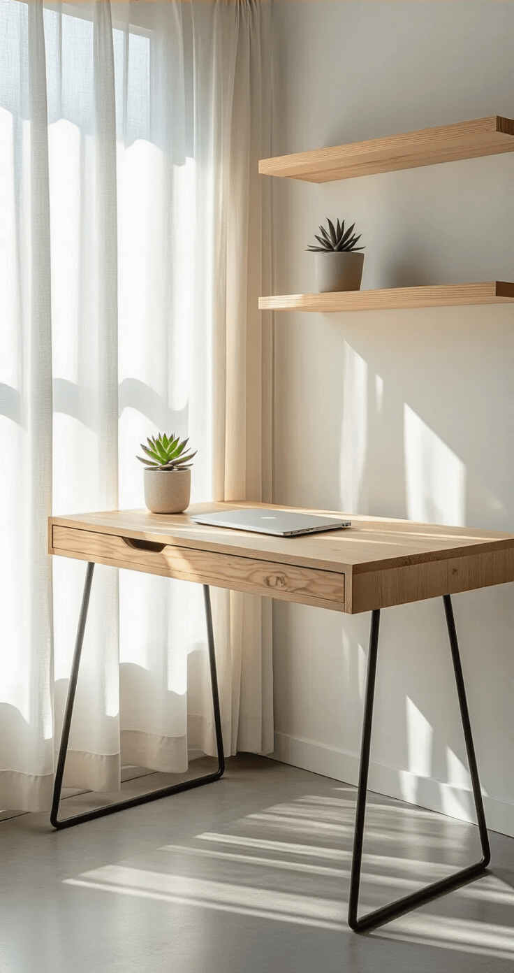 A minimalist pine writing desk with thin metal legs in a compact urban studio, bathed in natural daylight from sheer curtains, featuring a MacBook and a small potted succulent, set against a crisp white wall and concrete floor, complemented by light oak floating shelves.