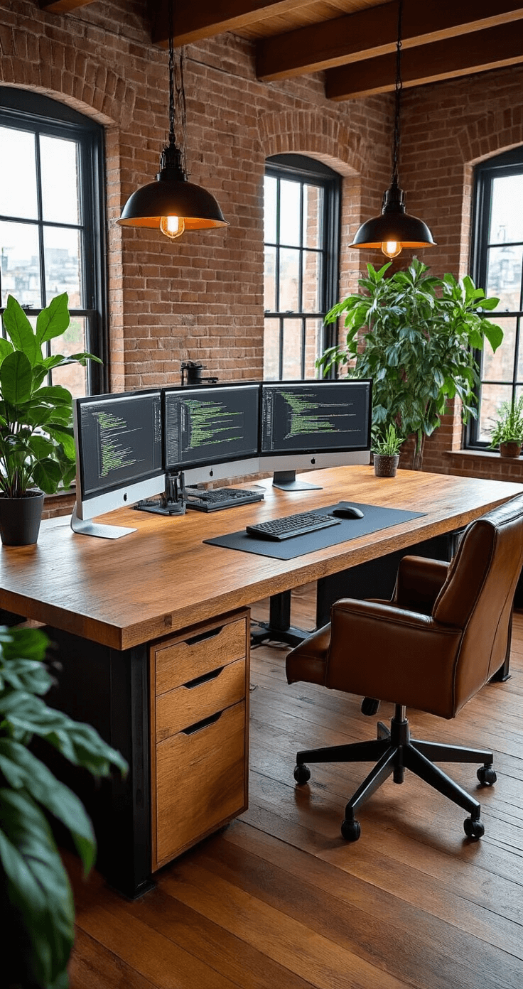 A large solid oak L-shaped standing desk in a spacious home office with exposed brick walls, featuring a height-adjustable mechanism, multiple monitors with elegant cable management, a leather desk pad, and industrial pendant lighting, surrounded by oversized green plants and complemented by a leather office chair.