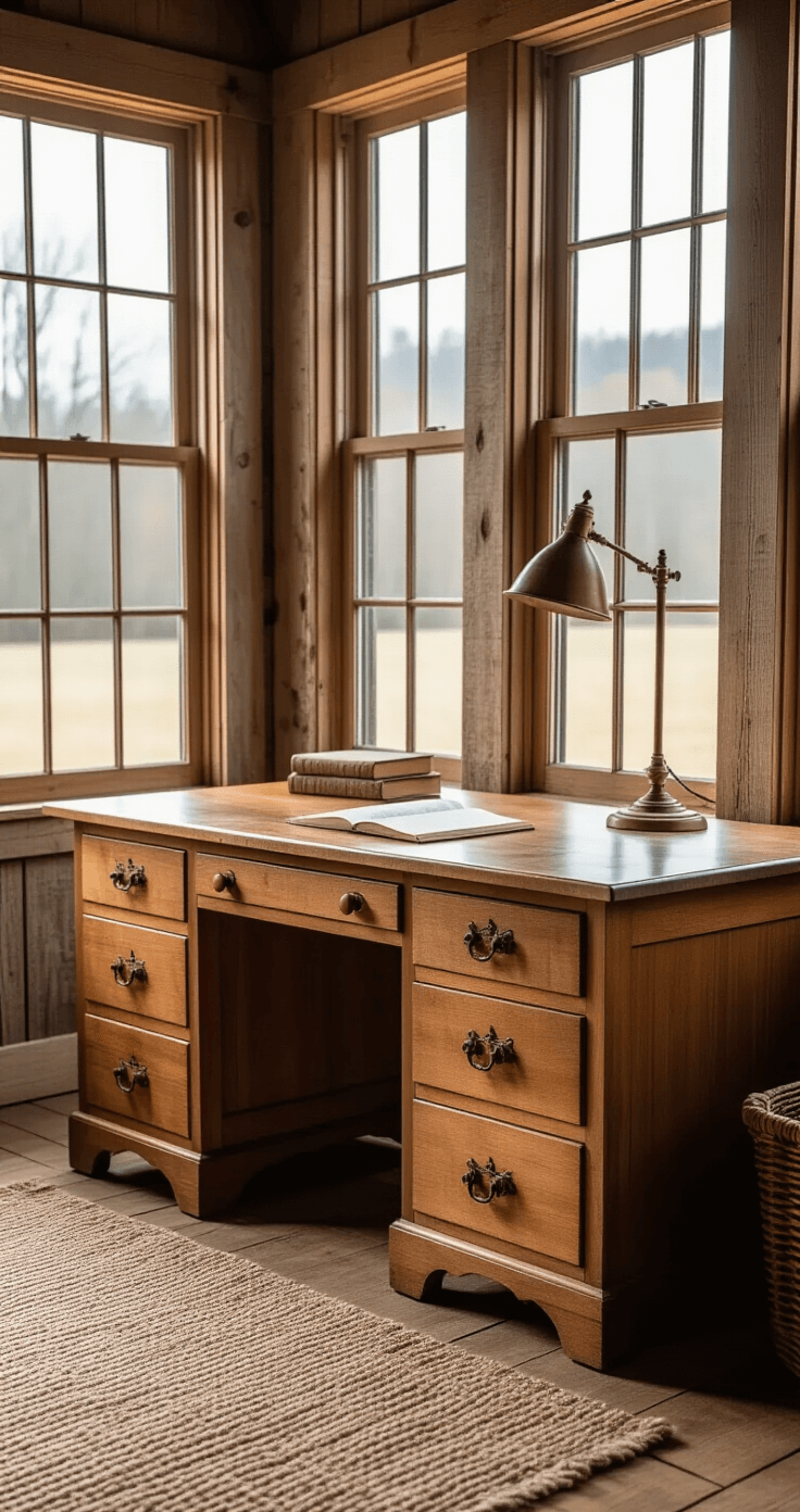 A vintage Amish-crafted maple desk with hand-carved details and multiple drawers, illuminated by soft afternoon sunlight near bay windows in a rustic farmhouse. A handwoven wool runner sits underneath, accompanied by an antique brass desk lamp, all set on a weathered wooden floor, creating a cozy, elegant workspace.