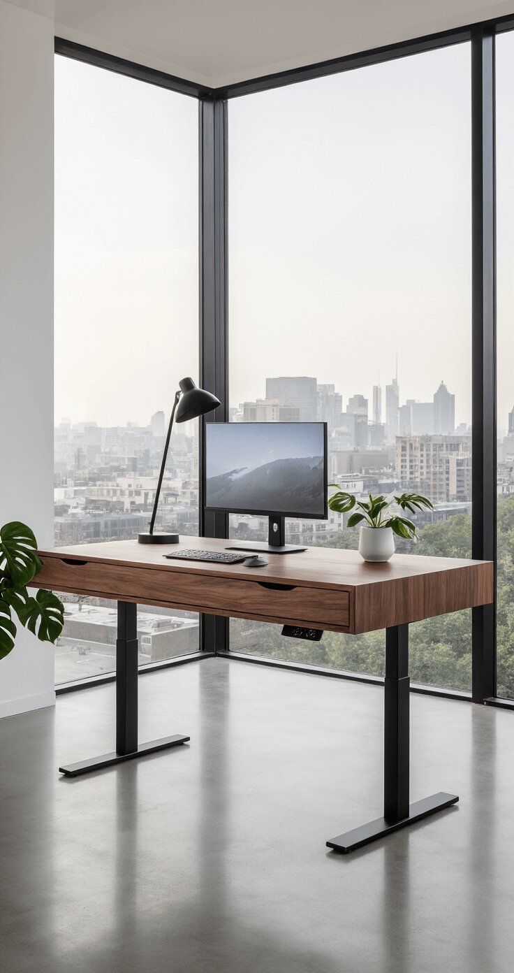 A modern walnut standing desk in a contemporary home office with floor-to-ceiling windows showcasing an urban landscape, featuring clean lines, minimal design, integrated electric height adjustment, matte black metal accents, and an ergonomic shape, complemented by a sculptural desk lamp and a monstera plant, all on a polished concrete floor.