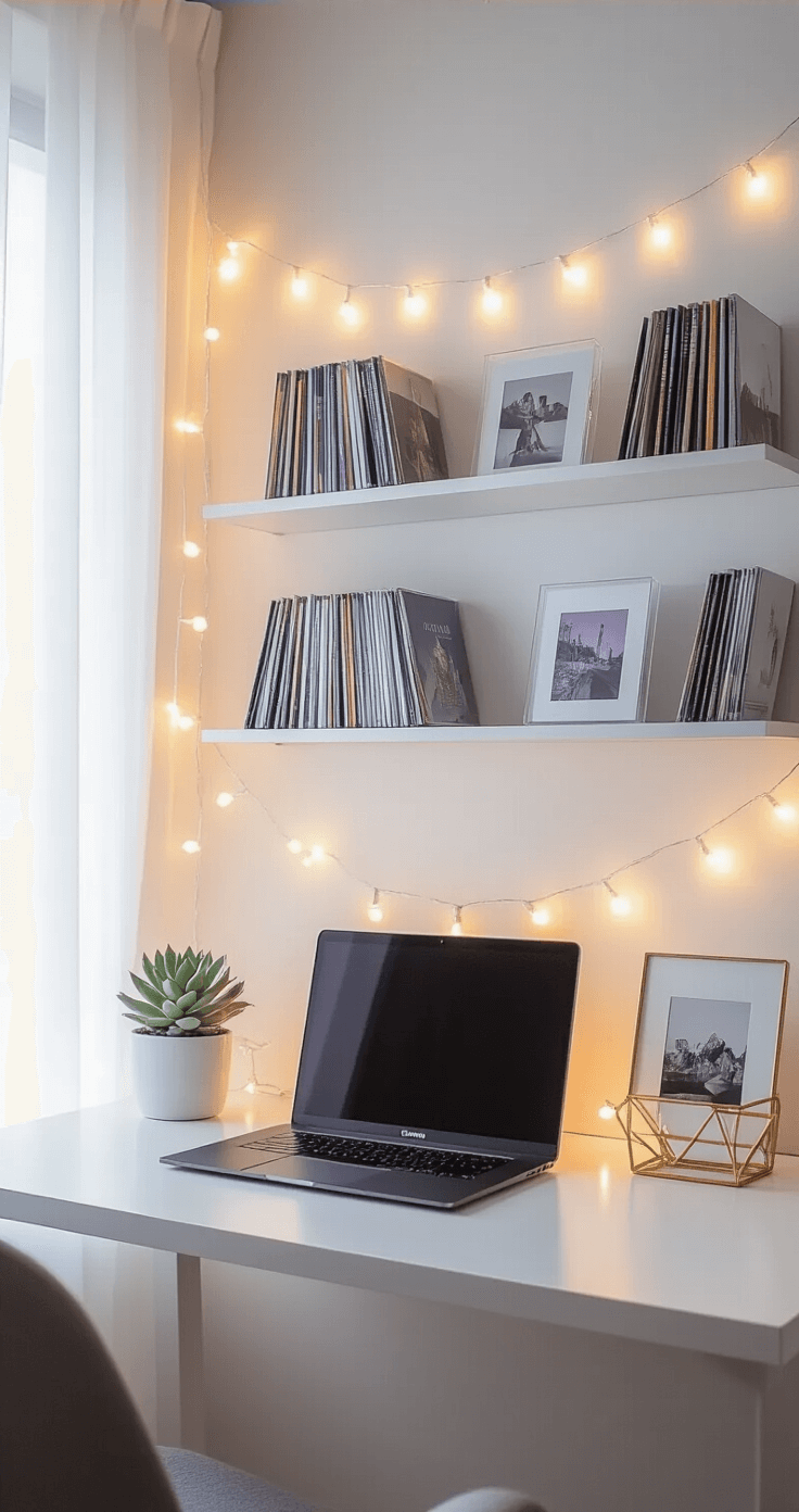 A K-pop themed home office with warm white fairy lights on minimalist shelves, displaying albums in acrylic stands, featuring a lavender and charcoal color palette, morning sunlight through sheer curtains, a clean modern desk with a black laptop, photo cards in geometric brass holders, and a potted succulent, all captured with crisp lighting.