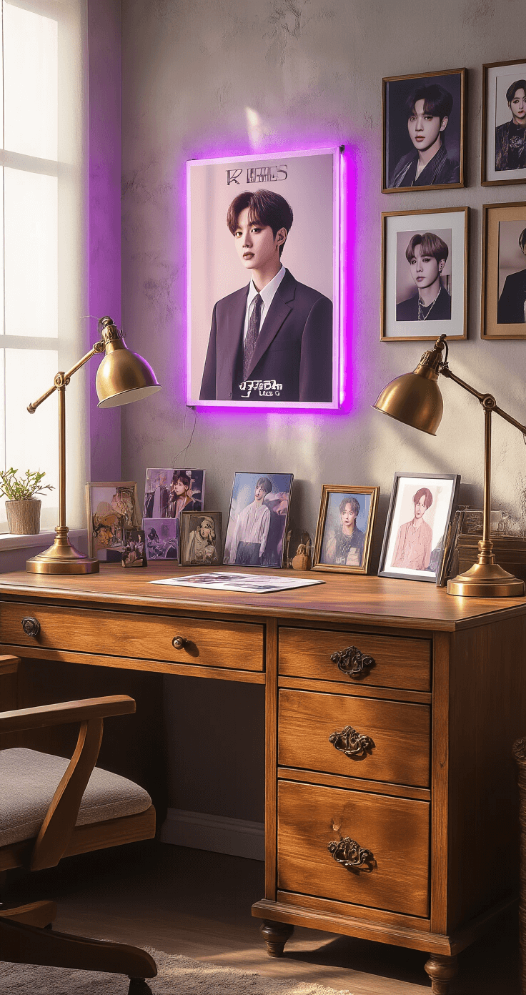 A cozy vintage workspace with a walnut desk decorated with K-pop memorabilia, purple LED lights glowing behind a BTS poster, a brass desk lamp casting warm shadows, asymmetrically arranged photo cards on a gallery wall, and afternoon light illuminating album displays and personal collections.