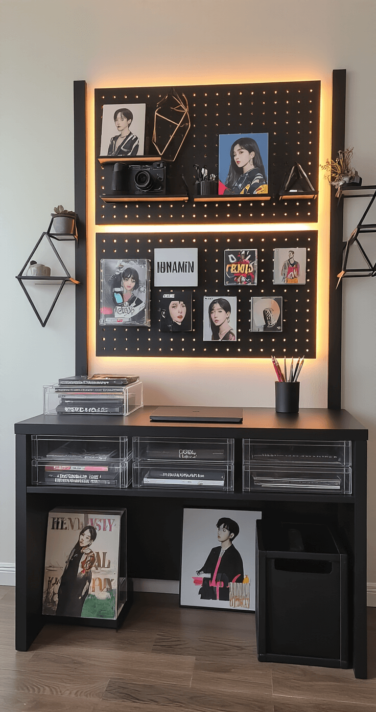 A minimalist K-pop inspired urban studio desk setup featuring a matte black desk, clear acrylic organizers, signed albums in protective cases, a pegboard for photo card displays, geometric wall shelves, and warm LED lighting, all styled with a neutral color scheme and selective pops of color from merchandise.