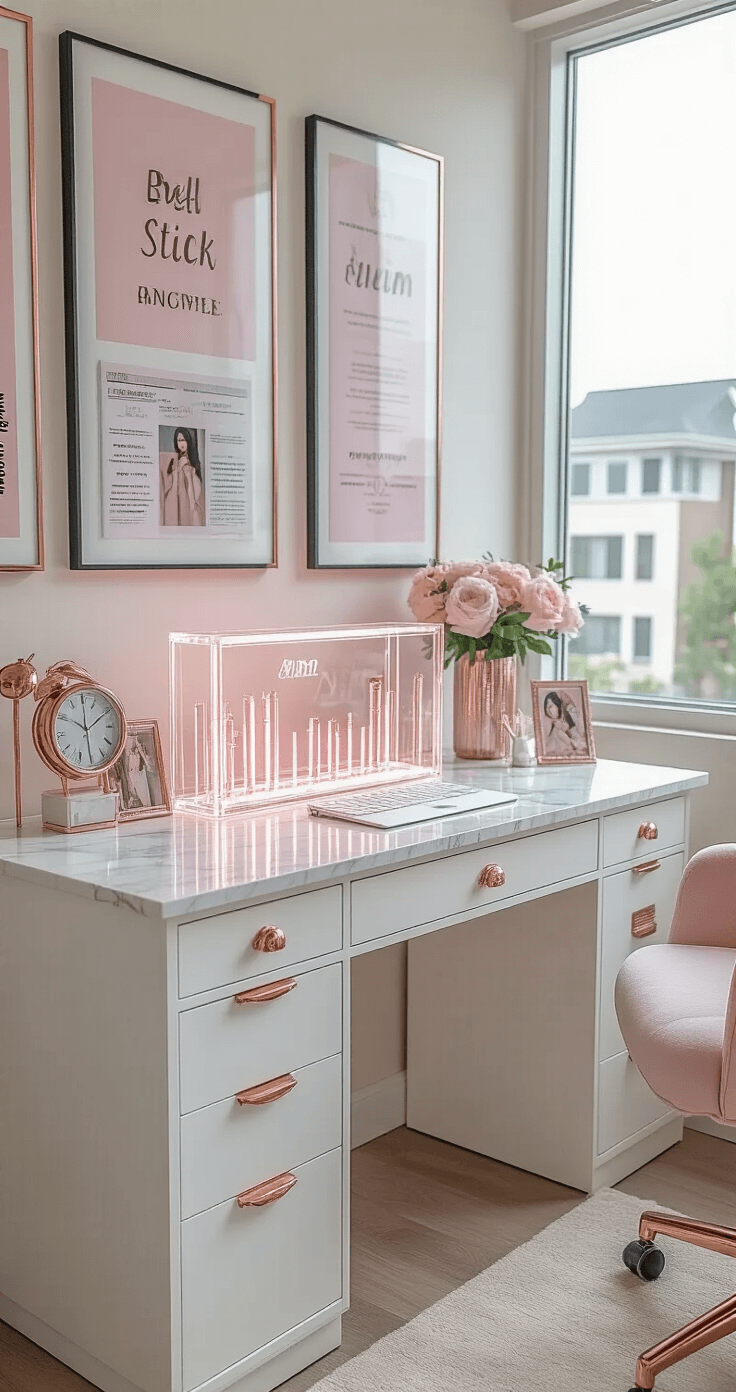 An elegant home office workspace with a large white marble desk, rose gold accents, a light stick display in a clear acrylic stand, framed concert tickets as wall art, and a soft pink and white color palette with black accents, illuminated by natural light from a large window.
