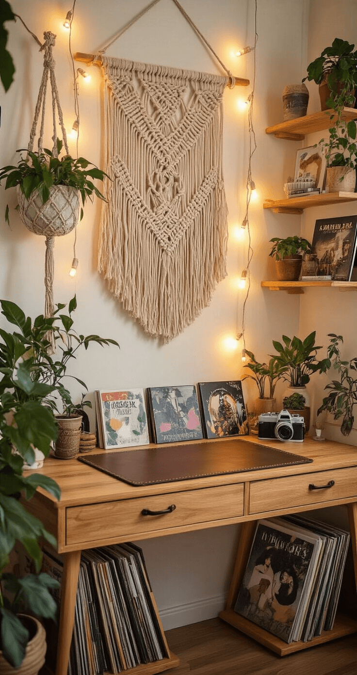 A cozy bohemian K-pop workspace with macramé decor, a vintage wooden desk, leather mat, botanical accents, and album displays, illuminated by warm amber string lights and featuring layered textures and collectibles.