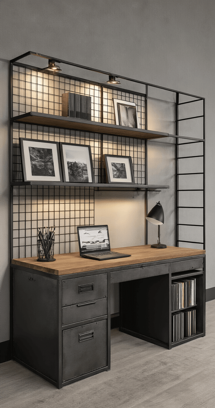 A modern industrial-style home office with a steel and wood desk, modular storage, geometric wall grid for photo displays, and matte black metal shelving, featuring a deep charcoal and metallic color palette, dramatic side lighting, and precise arrangement of albums.