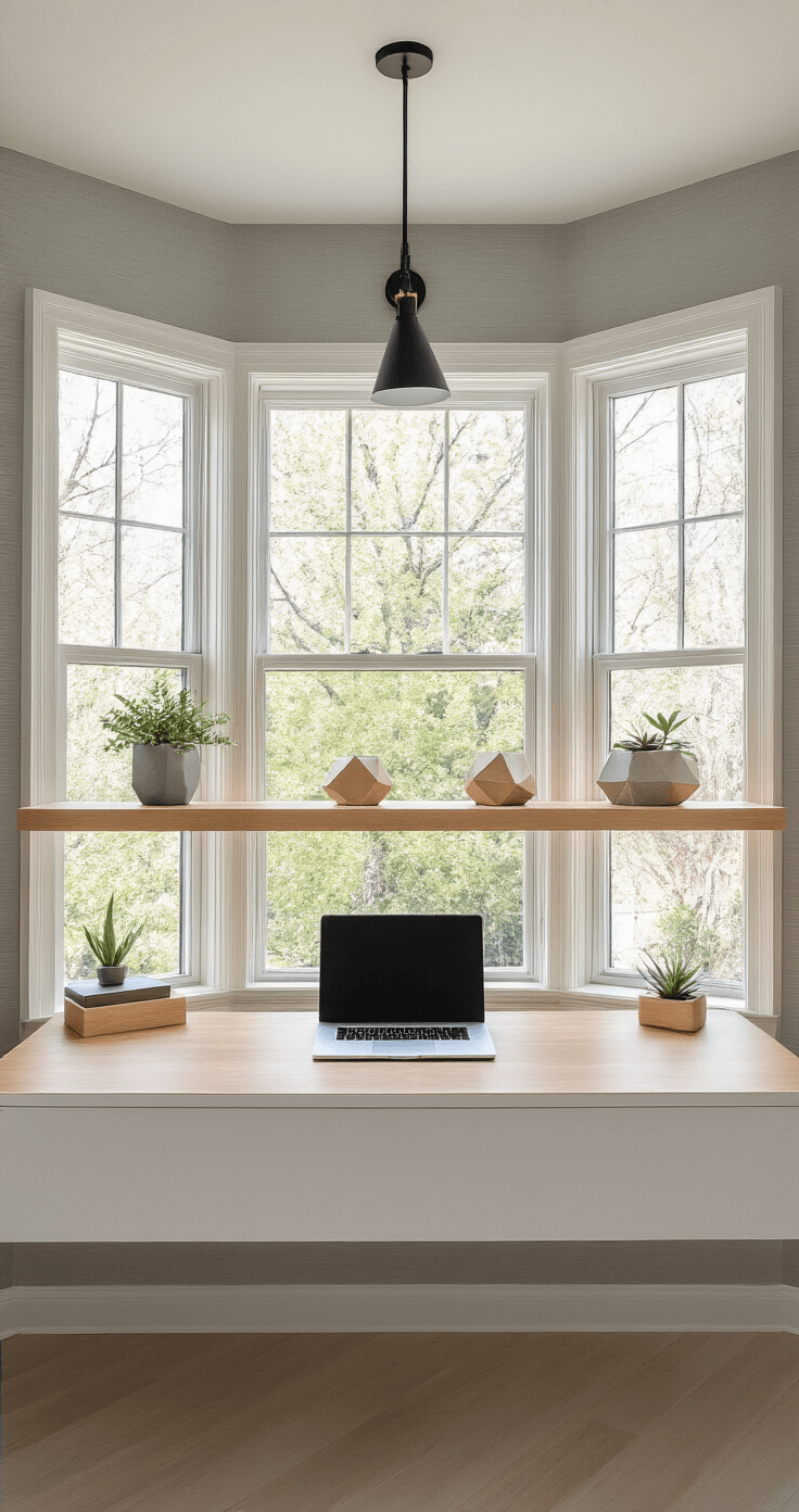 A modern home office featuring a sleek wall-mounted floating desk in warm white beneath a large bay window, illuminated by soft natural daylight. Integrated maple wood shelves with minimal geometric planters are visible, along with matte black task lighting above and a brushed steel cable management system. The camera angle captures the entire workspace with high-resolution detail, showcasing the grain of the desktop surface and precision in shelf alignment, against soft gray walls with subtle textural wallpaper.