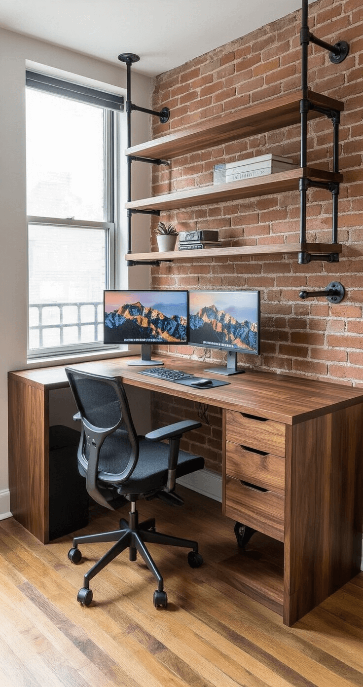 L-shaped corner desk made of rich walnut wood with floating shelves, industrial steel pipe supports, and an exposed brick wall backdrop, featuring a dual monitor setup and an ergonomic black chair, all illuminated by soft morning light.