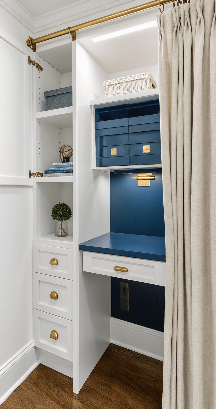 A cozy 'cloffice' workspace within a closet, showcasing white built-in shelving, a deep marine blue desk, brass hardware, a pull-out keyboard tray, and a decorative linen curtain. The space is illuminated by overhead LED strip lighting, emphasizing vertical storage and meticulous design details.