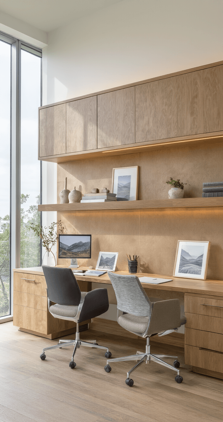 An elegant shared home office featuring synchronized floating oak desks along the wall, matching overhead shelving with integrated lighting, personalized workspace zones, ergonomic chairs in charcoal and light gray, and large windows that fill the space with natural light, showcasing a collaborative design.