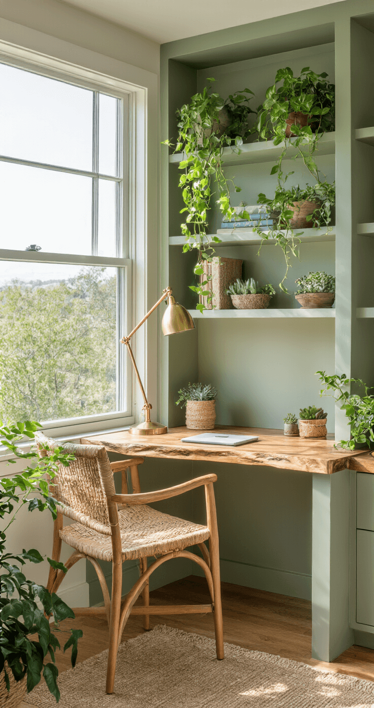 A cozy built-in desk with sage green shelves and a natural wood desktop, adorned with trailing pothos and compact succulents, featuring a brass task lamp and a woven textile chair, all bathed in soft morning light that highlights the organic textures and the connection to the outside landscape.