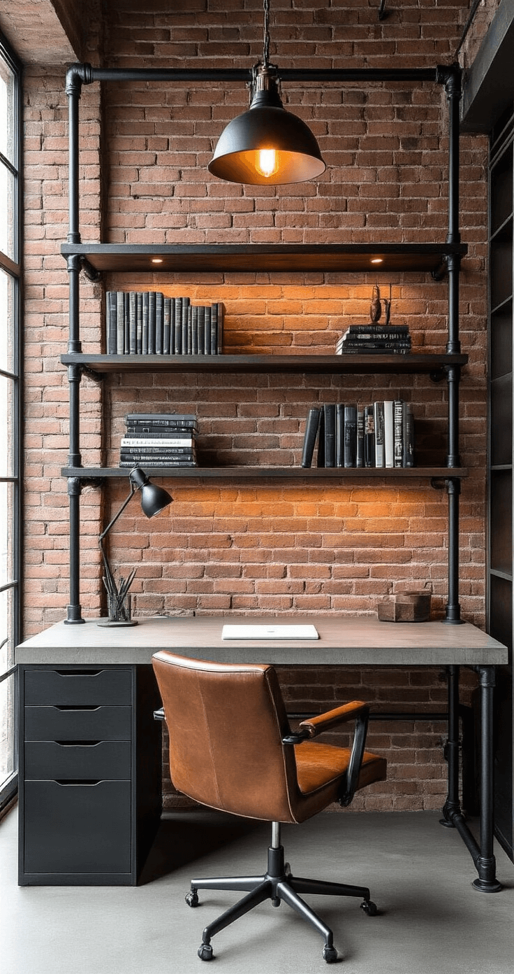 An industrial-modern loft workspace featuring a built-in desk with a raw concrete surface against an exposed brick wall, supported by black steel pipe shelving. The space includes oversized industrial pendant lighting, a minimalist leather office chair, and open shelving displaying curated books and design objects, with high-contrast photography emphasizing the textures and architectural details.