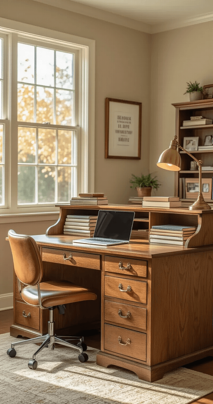 Warm and inviting classroom workspace with a central rich oak teacher's desk featuring a curved collaboration overhang, soft afternoon lighting, neatly stacked leather-bound lesson planners, a vintage brass desk lamp, organized supplies in partially open drawers, a Chromebook charging station, and personal touches like a motivational quote and class photo, all presented in a muted earth tone color palette.
