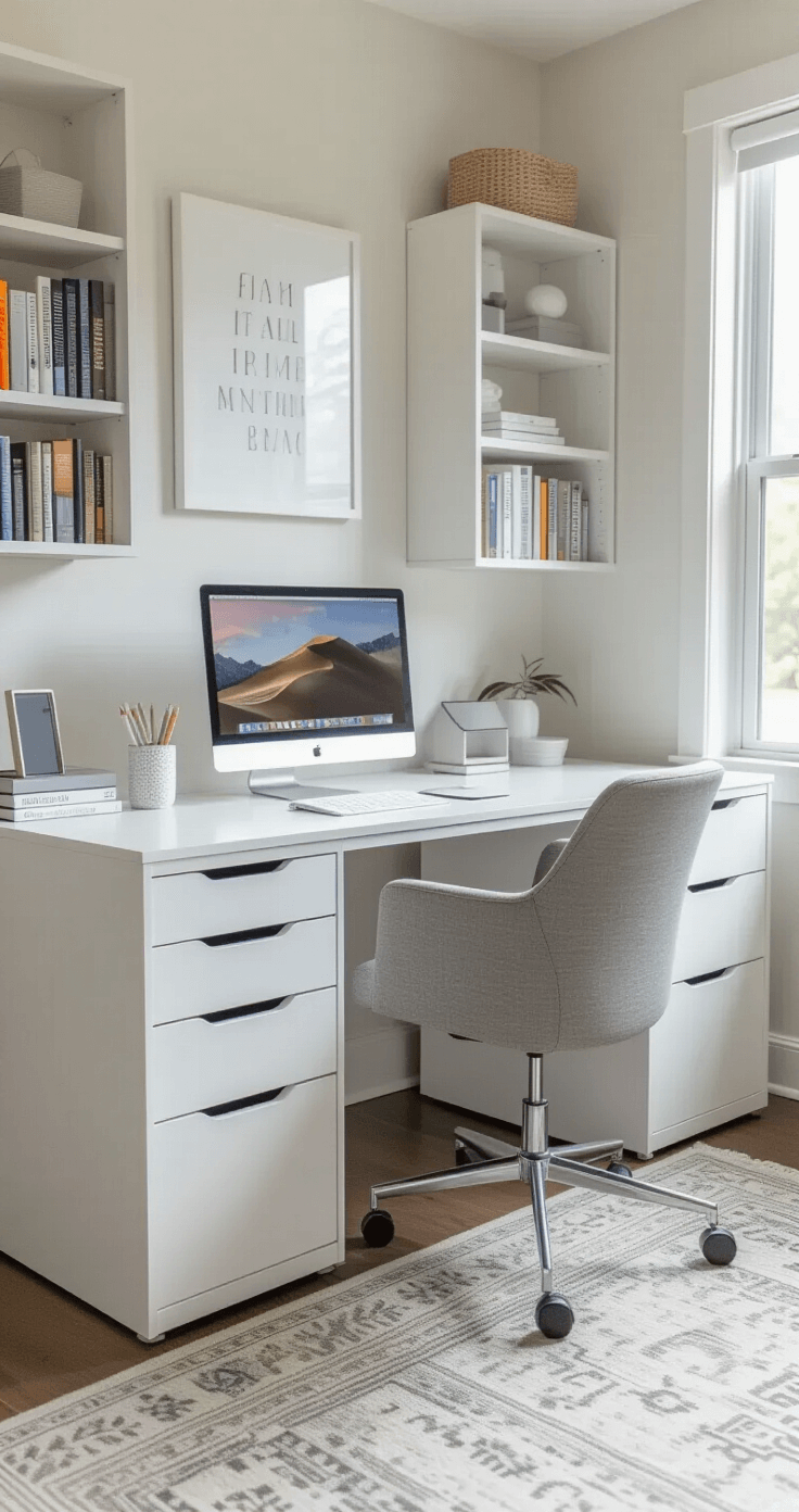 A contemporary white teacher desk with a minimalist design, featuring a MacBook Pro and external monitor, set near a classroom library with abundant natural light. The desk includes multiple storage pedestals, designer organizers in white and gray tones, and a small wireless charging pad, all showcased with precise cable management and inspirational wall art in the background, highlighting a clean Scandinavian-inspired aesthetic.
