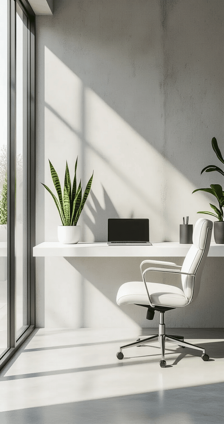 Ultra-modern minimalist home office featuring a sleek white floating desk on a light gray concrete wall, illuminated by soft natural morning light from floor-to-ceiling windows, with an ergonomic white leather chair, brushed steel laptop stand, and matte black desk accessories, complemented by a potted snake plant, all captured from a slightly elevated angle with tilt-shift lens effect.