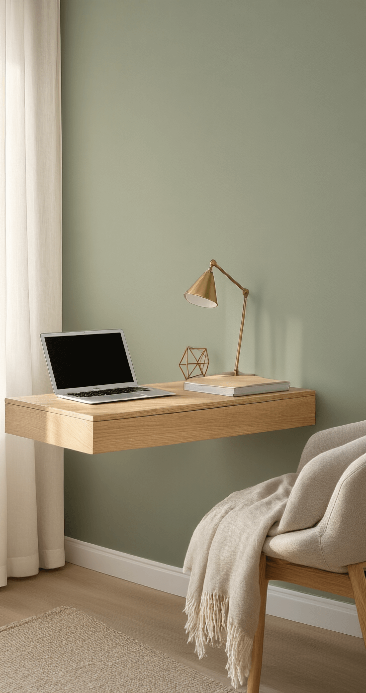 Scandinavian-inspired compact bedroom workspace with a natural oak wood floating desk at 30 inches height against a sage green wall, featuring a white MacBook, a geometric brass desk lamp, and a folded linen throw on a nearby chair, bathed in warm morning sunlight and captured from a side angle to highlight the desk's floating design.