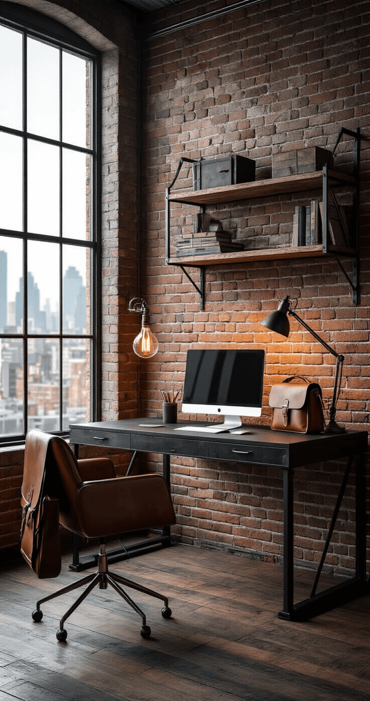 Urban industrial loft workspace featuring a steel-framed floating desk on an exposed brick wall, with a matte black surface and integrated storage, complemented by a vintage task lamp and a leather messenger bag on a chair, all illuminated by dramatic side lighting with a cityscape visible through a large window.