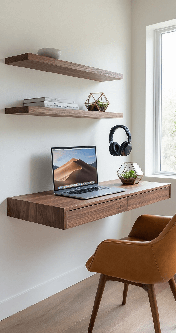 Minimalist home office corner with walnut wood floating desk and shelves, featuring a MacBook Pro, external monitor, designer headphones, geometric terrarium, and a mid-century modern camel leather chair, illuminated by soft natural light against a white plaster wall.