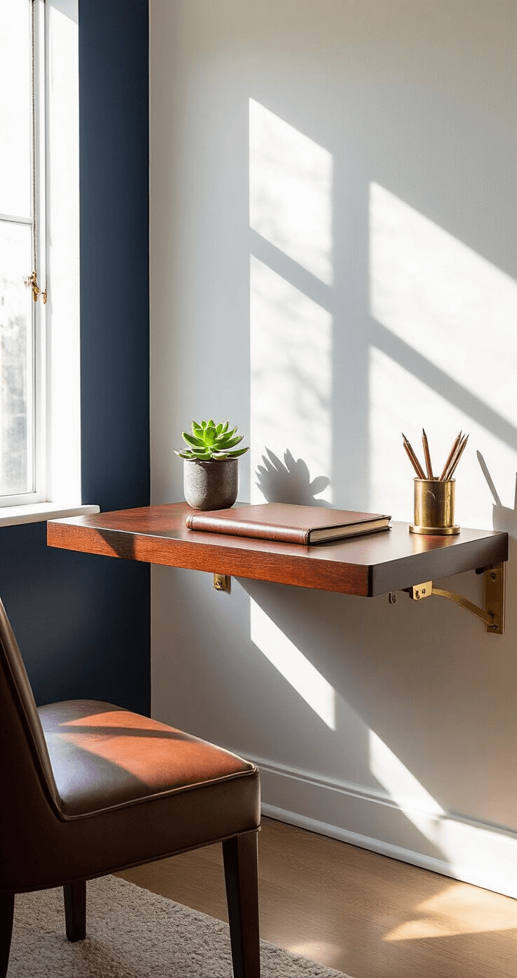 Compact studio apartment workspace featuring a fold-down floating desk in rich mahogany, mounted on a deep navy blue wall, adorned with brass hardware, alongside a leather-bound notebook, vintage brass desk accessories, and a small succulent, all illuminated by soft morning light, showcasing a seamless integration into the living space with a sophisticated minimalist design.