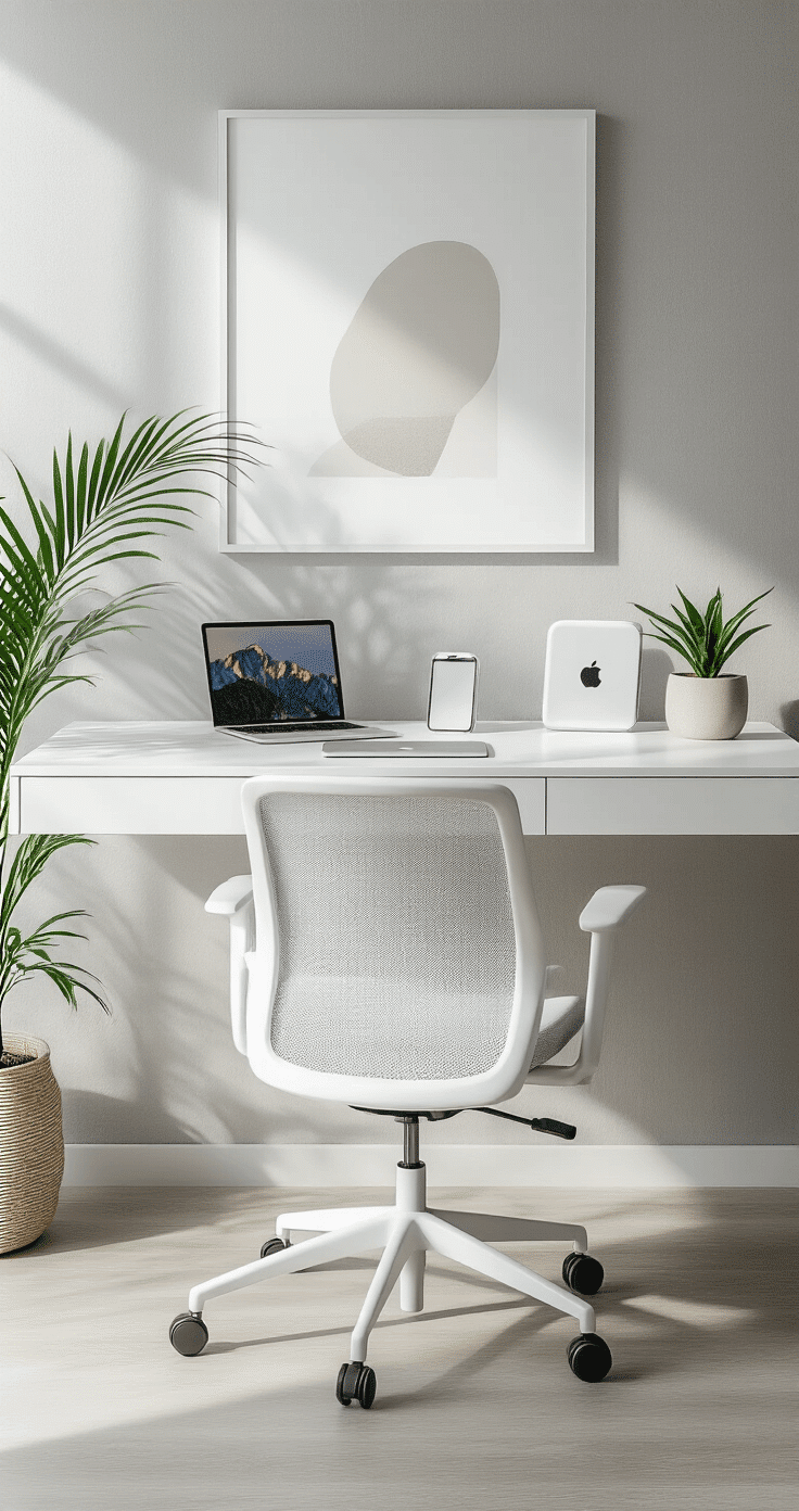 A modern home office featuring a white lacquered floating desk with integrated cable management against a light gray textured wall, accompanied by an ergonomic white mesh chair, Apple devices, a minimalist art print, and a small indoor palm in a ceramic pot, all illuminated by soft natural side lighting.