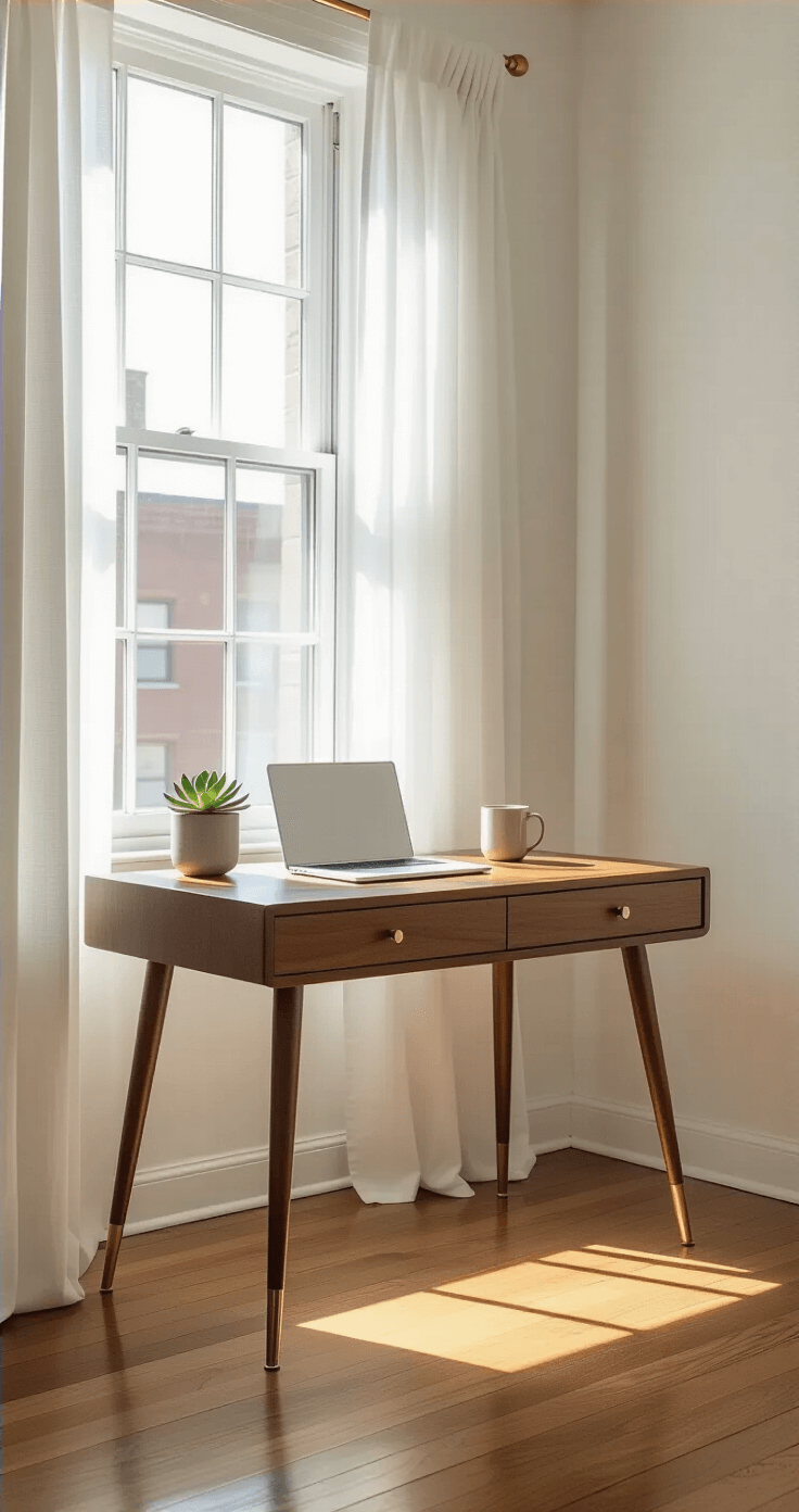 Photorealistic interior of a minimal Brooklyn apartment bedroom featuring a mid-century modern walnut writing desk by a sun-drenched window, adorned with a sleek white laptop, ceramic mug, and potted succulent, all bathed in soft natural light filtering through sheer curtains, highlighting clean lines and a muted color palette of warm neutrals and rich wood tones.