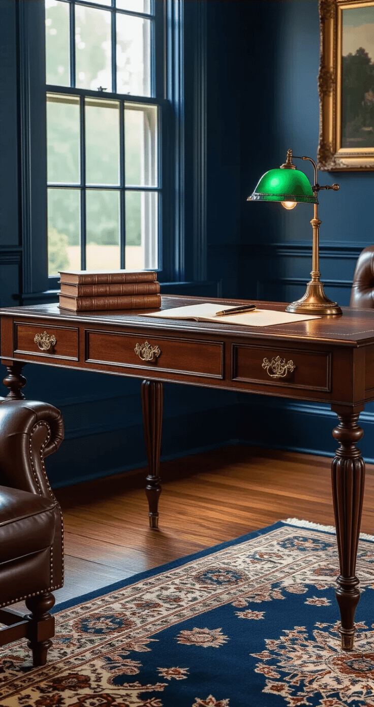 A sophisticated traditional writing desk scene in a historic home, featuring a rich mahogany desk with ornate brass pulls against a deep navy wall, illuminated by soft amber evening light, showcasing an antique brass lamp, vintage books, and a fine fountain pen, with a leather chesterfield chair and Persian rug adding to the atmosphere.