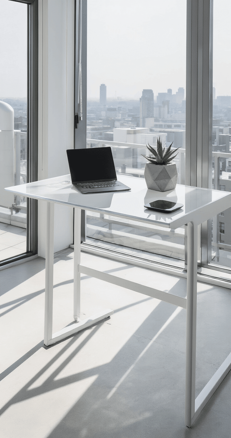Minimalist contemporary white writing desk in a bright studio apartment with floor-to-ceiling windows, featuring a laptop, wireless charging pad, and a small concrete planter, emphasizing clean geometric forms and a monochromatic color scheme.