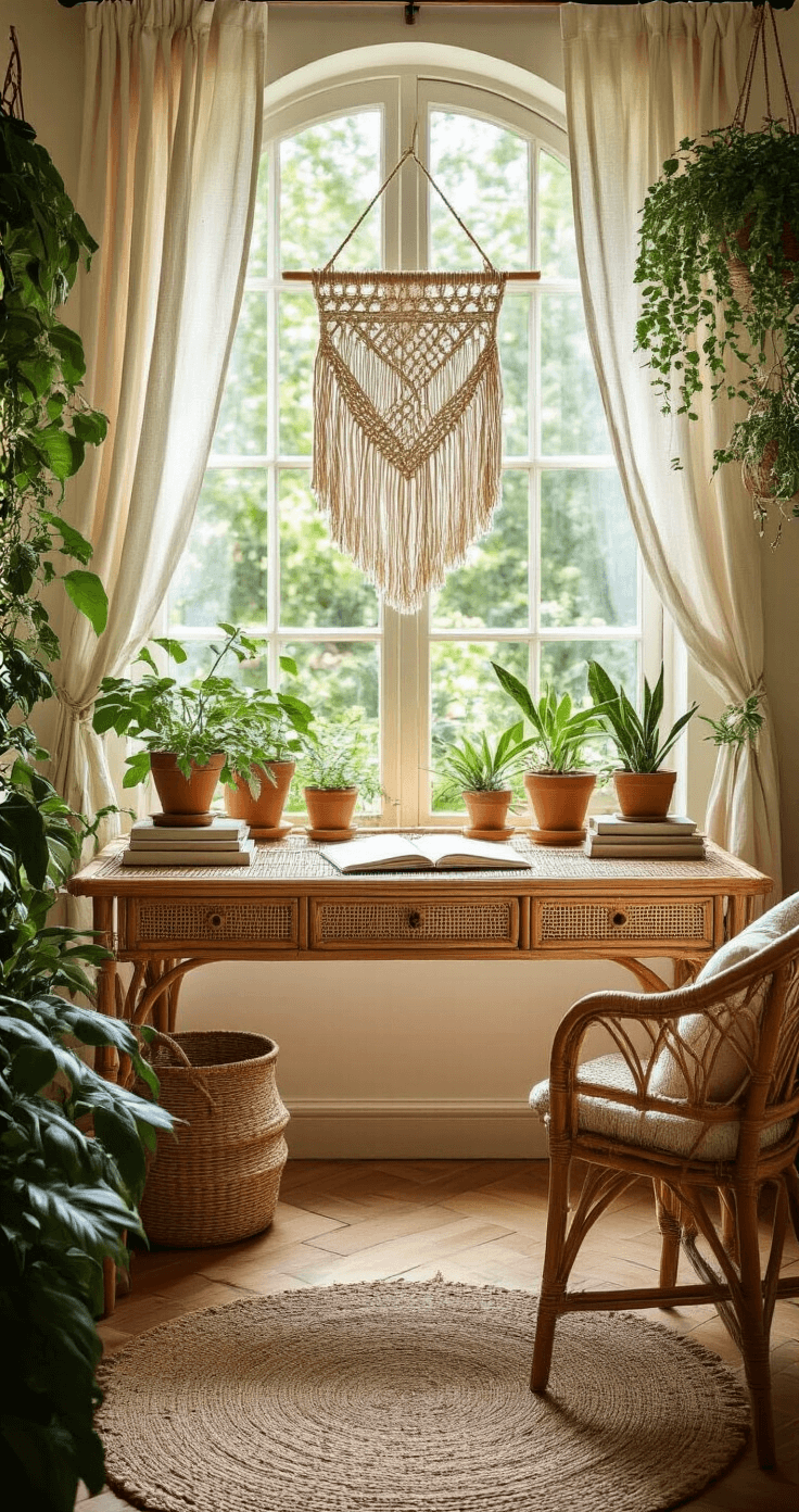 Bohemian-inspired rattan writing desk in a sunroom with natural greenery, arched windows with linen curtains, vintage macrame wall hanging, and terracotta plant pots, all bathed in warm, diffused midday light.