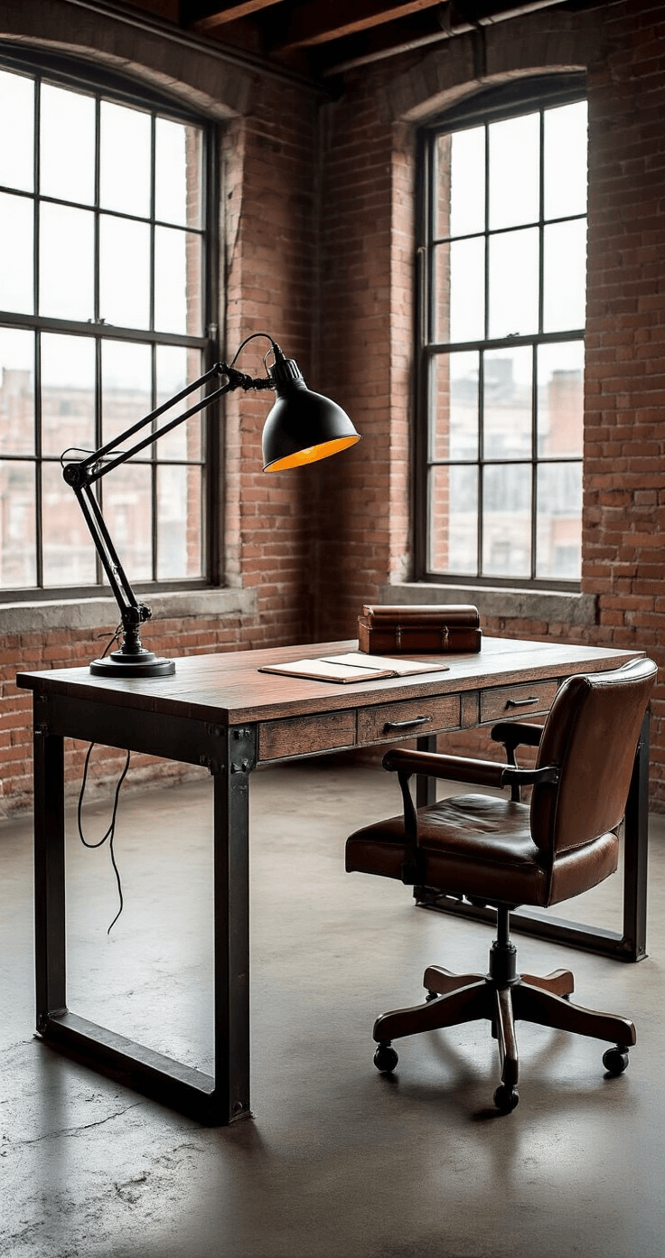 Industrial-style writing desk made of dark walnut wood and raw steel, positioned in an urban loft with exposed brick walls and high ceilings, featuring a vintage task lamp, leather-bound notebook, and drafting tools, complemented by a worn leather chair and factory-style windows, all captured from a low angle.