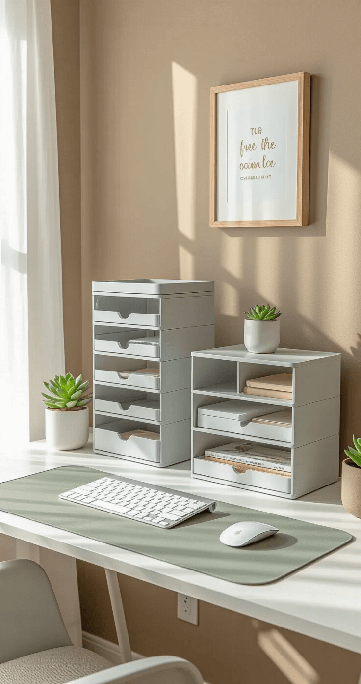 A modern home office featuring a sleek white desk, gray vertical desktop organizer, and an acrylic monitor riser, with morning sunlight streaming through sheer white curtains, and personal touches like a succulent and motivational artwork, all viewed from a 45-degree angle.
